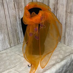 Vintage sheer nylon floral sunburst neon scarf Japan. Square size 27”X28”